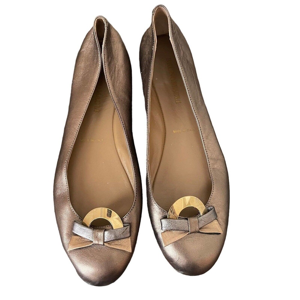 Bruno Magli EUR 40 US 10 Ballet Flats Metallic Pewter Round Toe Gold Bow Comfort